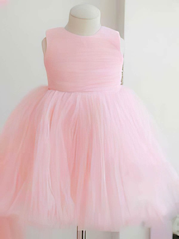 Beautiful Ball Gown Scoop Neck Tulle Elastic Woven Satin Ankle-length Bow Flower Girl Dress