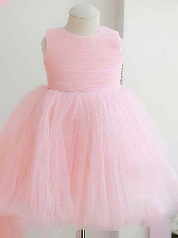 Beautiful Ball Gown Scoop Neck Tulle Elastic Woven Satin Ankle-length Bow Flower Girl Dress