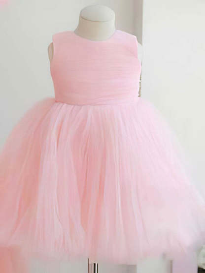 Beautiful Ball Gown Scoop Neck Tulle Elastic Woven Satin Ankle-length Bow Flower Girl Dress