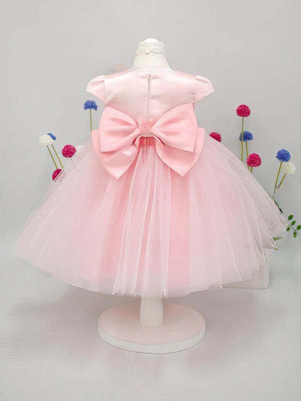 A-Line Scoop Neck Lace Tulle Elastic Woven Satin Ankle-Length Bow Flower Girl Dress