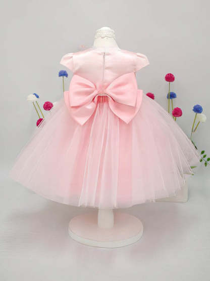 A-Line Scoop Neck Lace Tulle Elastic Woven Satin Ankle-Length Bow Flower Girl Dress
