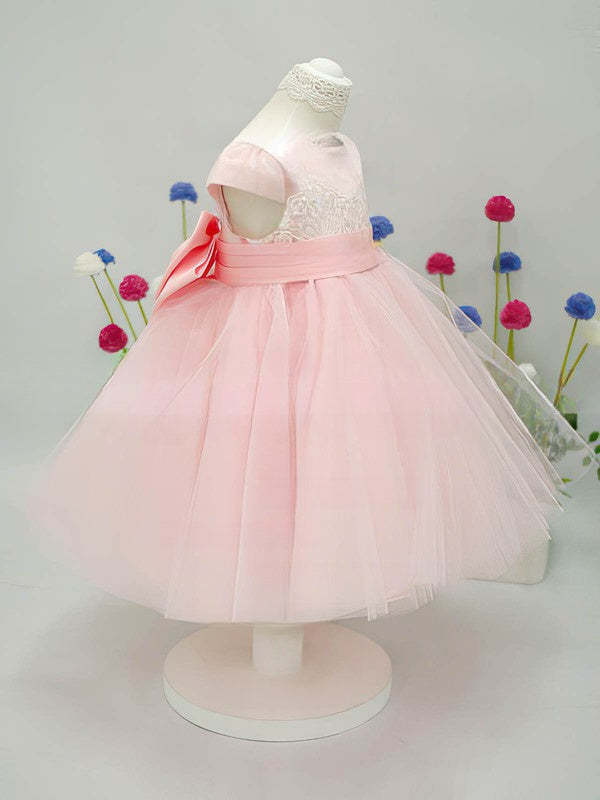 A-Line Scoop Neck Lace Tulle Elastic Woven Satin Ankle-Length Bow Flower Girl Dress
