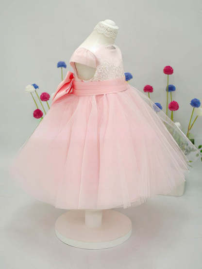 A-Line Scoop Neck Lace Tulle Elastic Woven Satin Ankle-Length Bow Flower Girl Dress