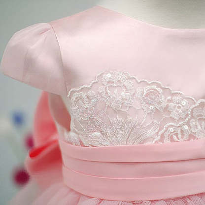 A-Line Scoop Neck Lace Tulle Elastic Woven Satin Ankle-Length Bow Flower Girl Dress