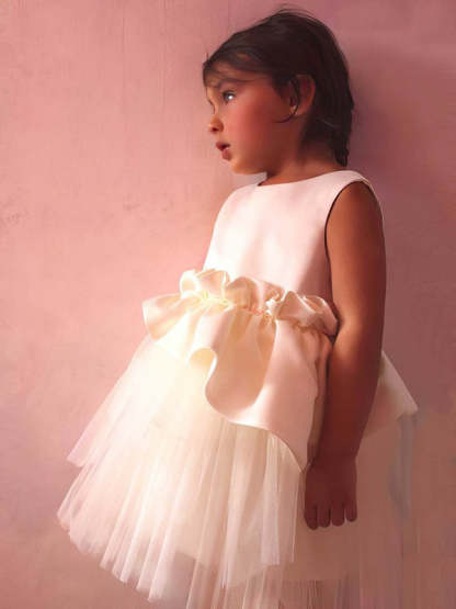Satin Tulle Tea-Length Ball Gown Flower Girl Dresses with Scoop Neck & Ruffles