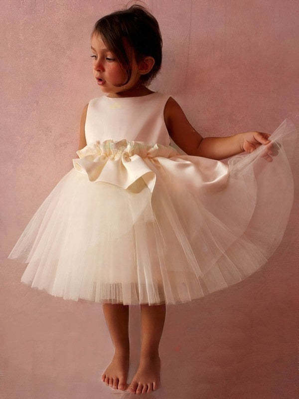 Satin Tulle Tea-Length Ball Gown Flower Girl Dresses with Scoop Neck & Ruffles
