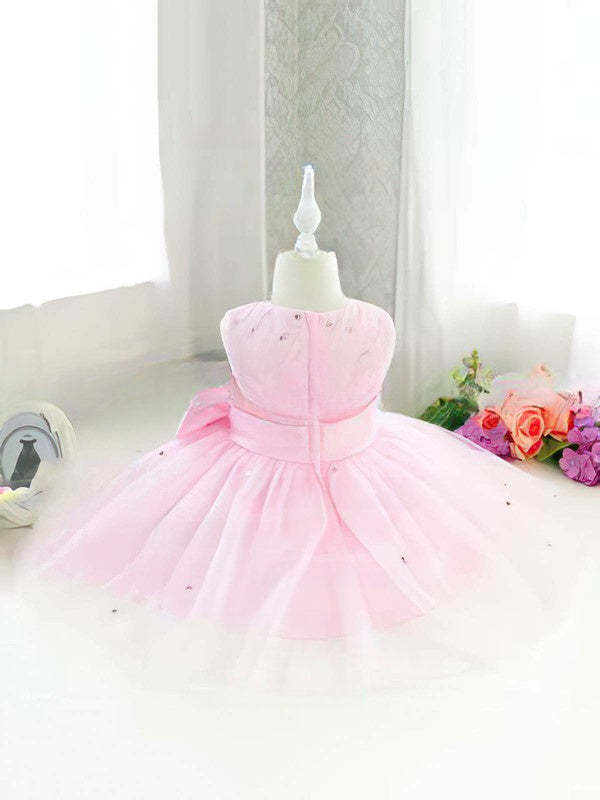 Gorgeous Ball Gown Scoop Neck Satin Tulle Tea-length Beading Flower Girl Dresses