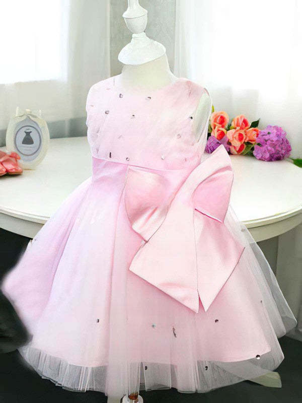 Gorgeous Ball Gown Scoop Neck Satin Tulle Tea-length Beading Flower Girl Dresses