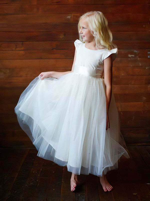 A-line Scoop Neck Satin Flower Girl Dress with Tulle and Elastic Woven Sashes/Ribbons