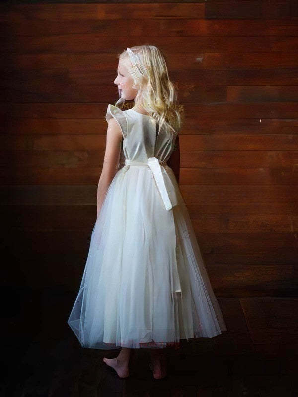 A-line Scoop Neck Satin Flower Girl Dress with Tulle and Elastic Woven Sashes/Ribbons