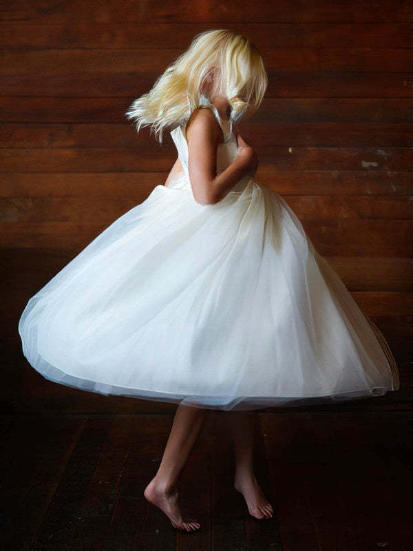 A-line Scoop Neck Satin Flower Girl Dress with Tulle and Elastic Woven Sashes/Ribbons