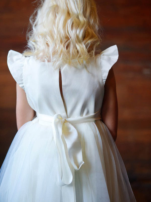 A-line Scoop Neck Satin Flower Girl Dress with Tulle and Elastic Woven Sashes/Ribbons