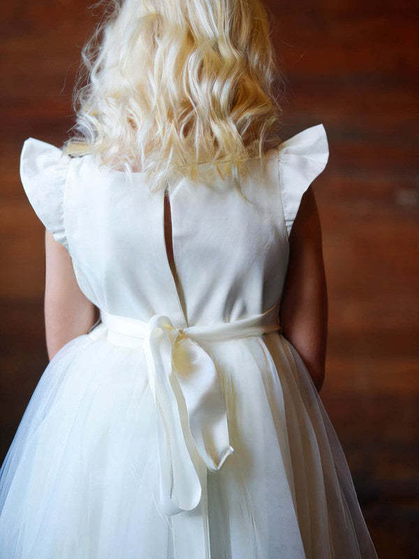 A-line Scoop Neck Satin Flower Girl Dress with Tulle and Elastic Woven Sashes/Ribbons