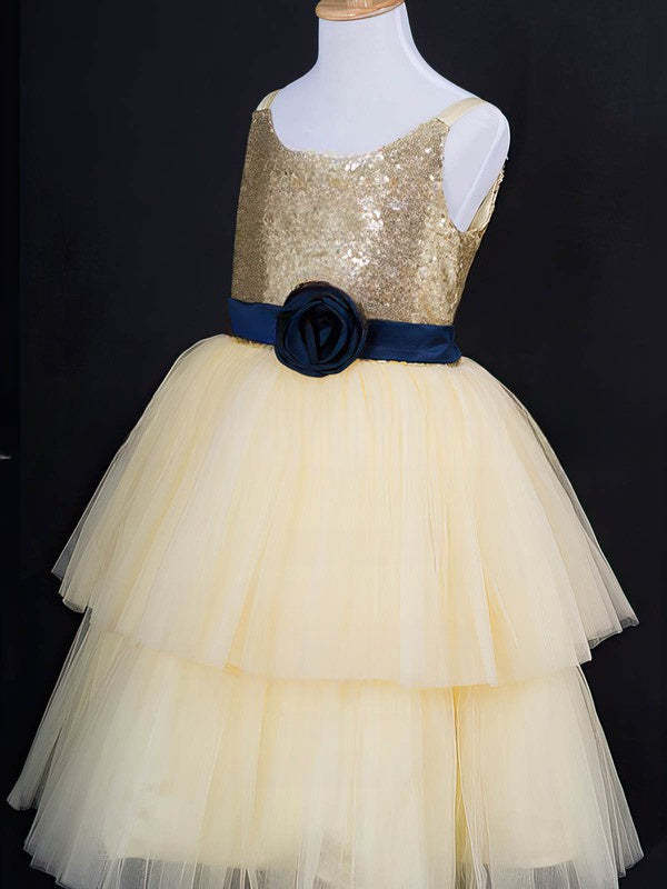 Scoop Neck Tulle Sequined Ball Gown with Sashes and Flowers for Girls