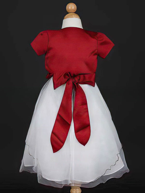 Scoop Neck Ball Gown Satin Tulle Flower Girl Dress with Sashes and Ribbons