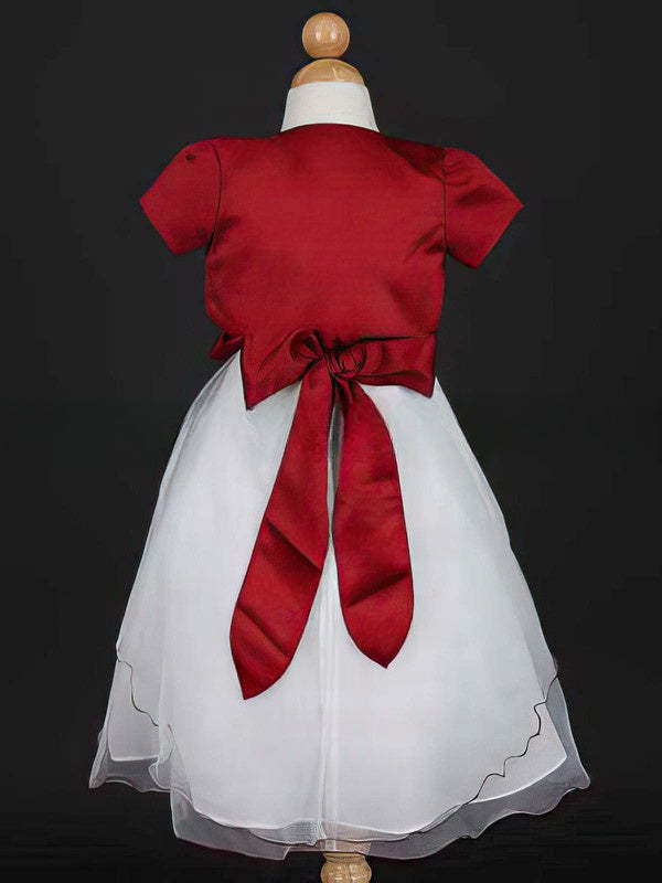 Scoop Neck Ball Gown Satin Tulle Flower Girl Dress with Sashes and Ribbons