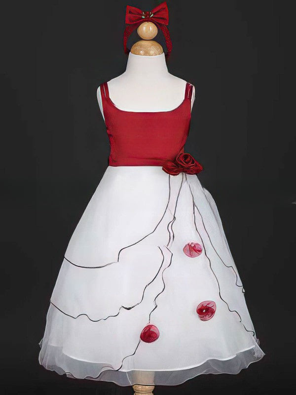 Scoop Neck Ball Gown Satin Tulle Flower Girl Dress with Sashes and Ribbons