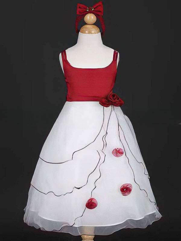 Scoop Neck Ball Gown Satin Tulle Flower Girl Dress with Sashes and Ribbons