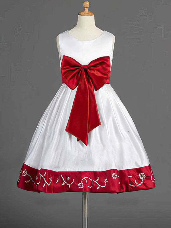 A-line Scoop Neck Satin Knee-length Bow Flower Girl Dresses