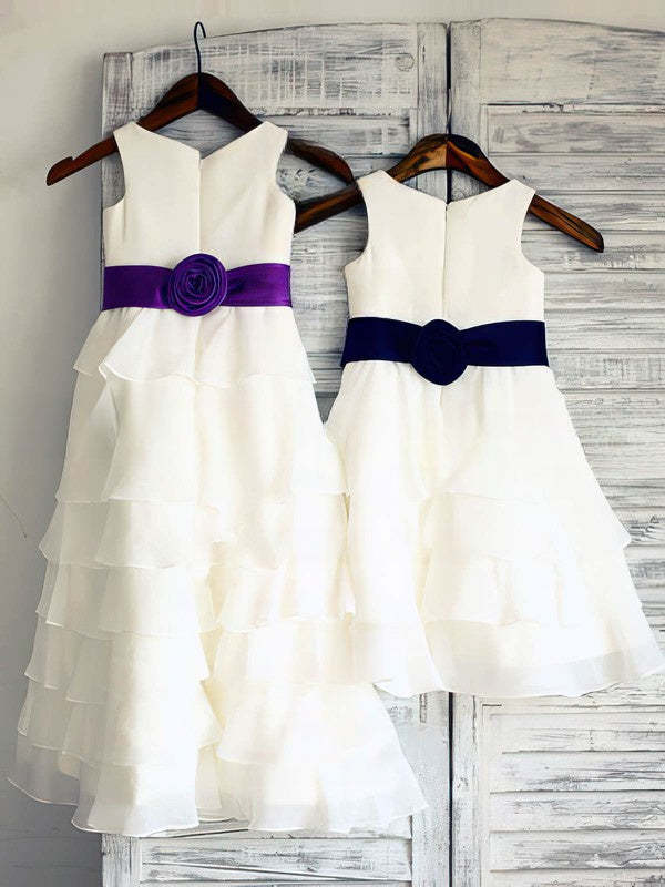 A-line Scoop Neck Chiffon Woven Satin Ankle-length Tiered Flower Girl Dress