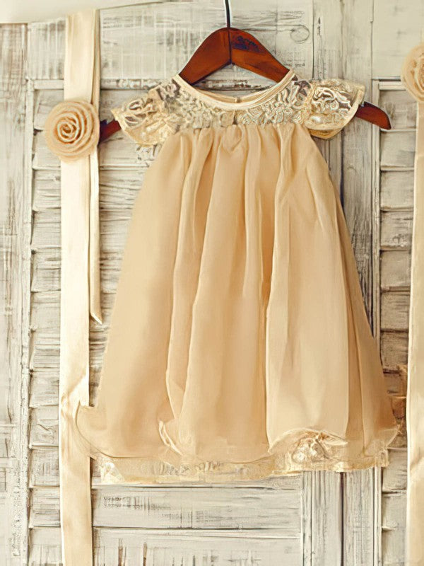 A-line Scoop Neck Lace Chiffon Short/Mini Sashes/Ribbons Flower Girl Dresses