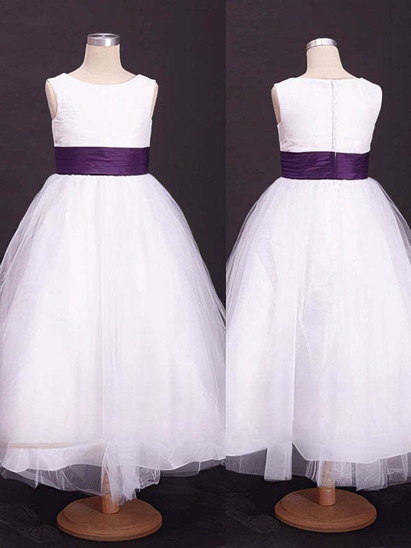 A-line Scoop Neck Flower Girl Dresses with Tulle, Elastic Woven Satin and Ankle-length Sashes / Ribbons