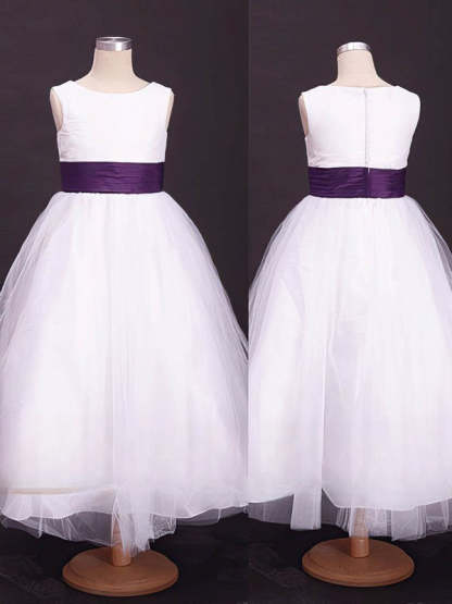 A-line Scoop Neck Flower Girl Dresses with Tulle, Elastic Woven Satin and Ankle-length Sashes / Ribbons