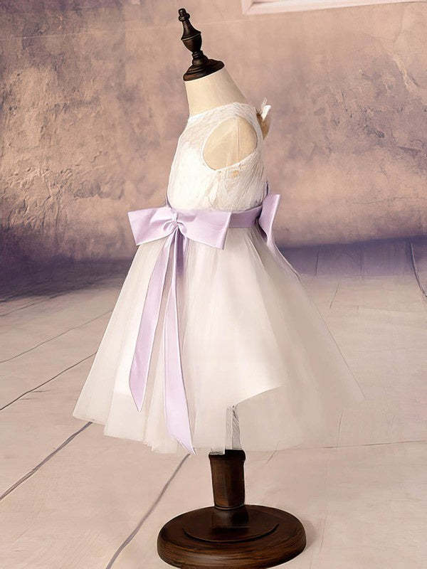 A-Line Scoop Neck Lace Tulle Ankle-Length Bow Flower Girl Dress