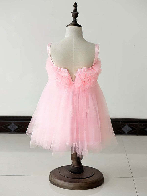 Square Neckline Ball Gown Tulle Flower Girl Dress with Ruffles Knee-length