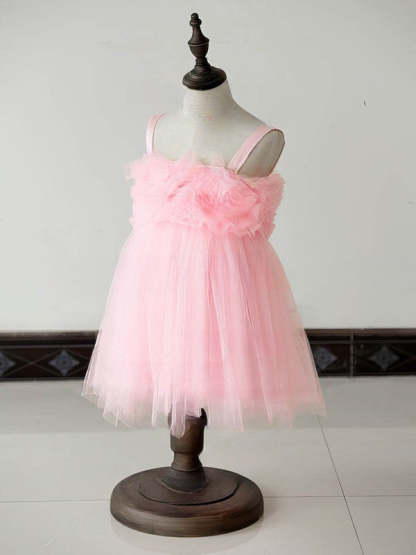 Square Neckline Ball Gown Tulle Flower Girl Dress with Ruffles Knee-length