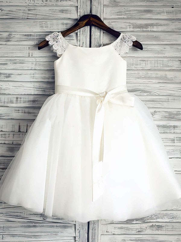 Scoop Neck Lace Satin Tulle Ball Gown with Sashes/Ribbons and Flowers for Girls