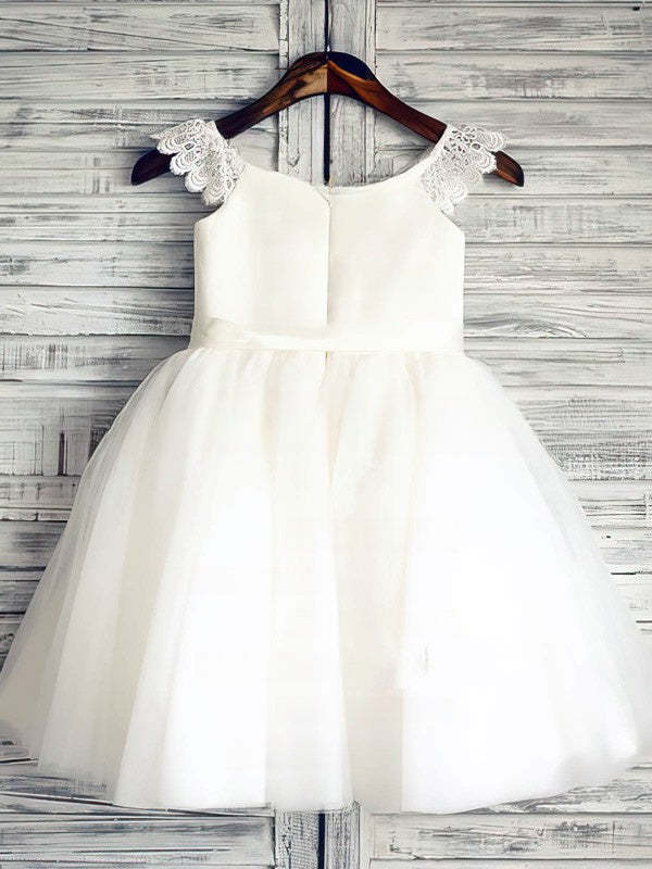Scoop Neck Lace Satin Tulle Ball Gown with Sashes/Ribbons and Flowers for Girls