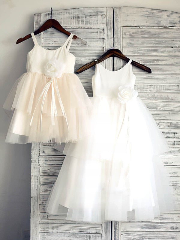 Tiered Flower Girl Dresses - Ball Gown Scoop Neck Satin Tulle Ankle-length