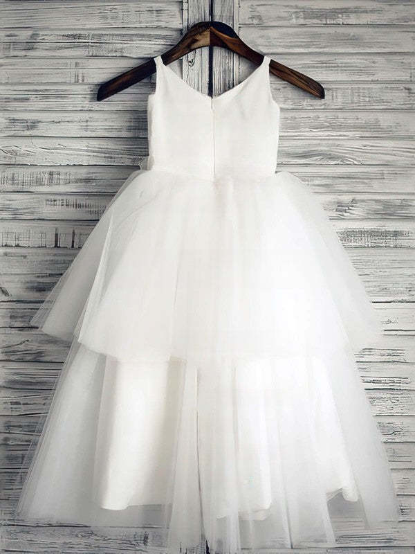 Tiered Flower Girl Dresses - Ball Gown Scoop Neck Satin Tulle Ankle-length