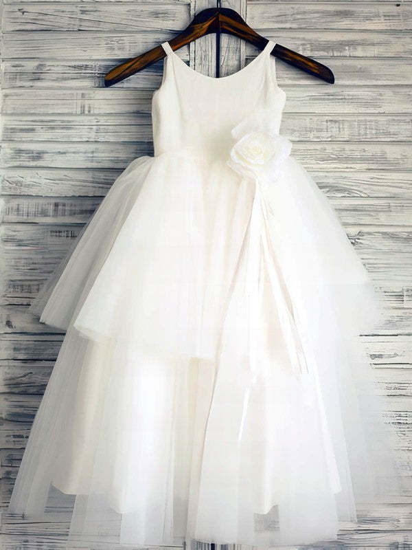 Tiered Flower Girl Dresses - Ball Gown Scoop Neck Satin Tulle Ankle-length
