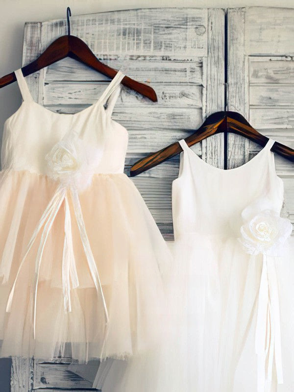 Tiered Flower Girl Dresses - Ball Gown Scoop Neck Satin Tulle Ankle-length