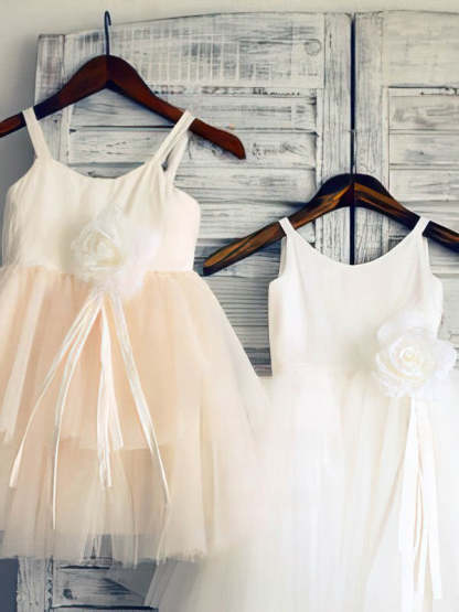 Tiered Flower Girl Dresses - Ball Gown Scoop Neck Satin Tulle Ankle-length