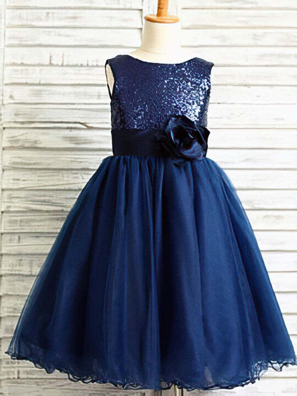 Ball Gown Scoop Neck Tulle Sequined Ankle-length Ruffles Flower Girl Dresses