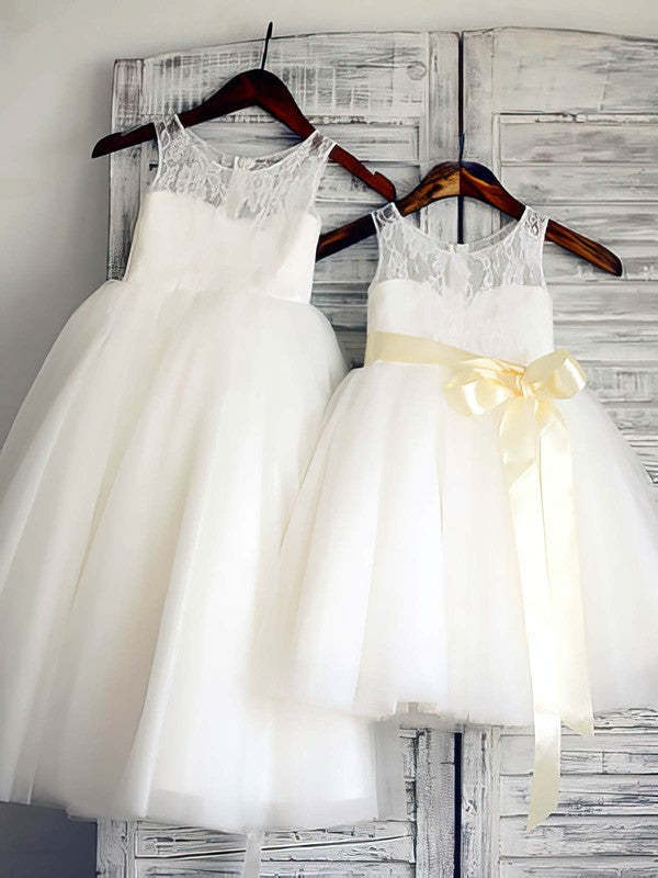 Beautiful Ball Gown Scoop Neck Lace Tulle Flower Girl Dresses with Sashes/Ribbons and Ankle-length Hem