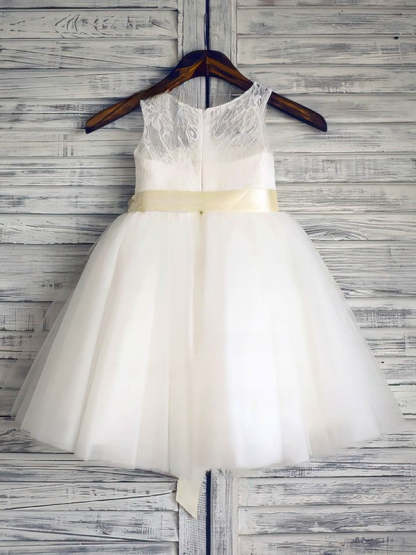 Beautiful Ball Gown Scoop Neck Lace Tulle Flower Girl Dresses with Sashes/Ribbons and Ankle-length Hem