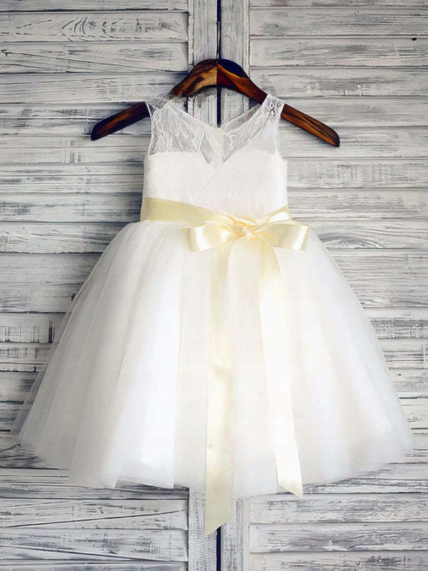 Beautiful Ball Gown Scoop Neck Lace Tulle Flower Girl Dresses with Sashes/Ribbons and Ankle-length Hem