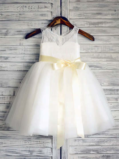 Beautiful Ball Gown Scoop Neck Lace Tulle Flower Girl Dresses with Sashes/Ribbons and Ankle-length Hem