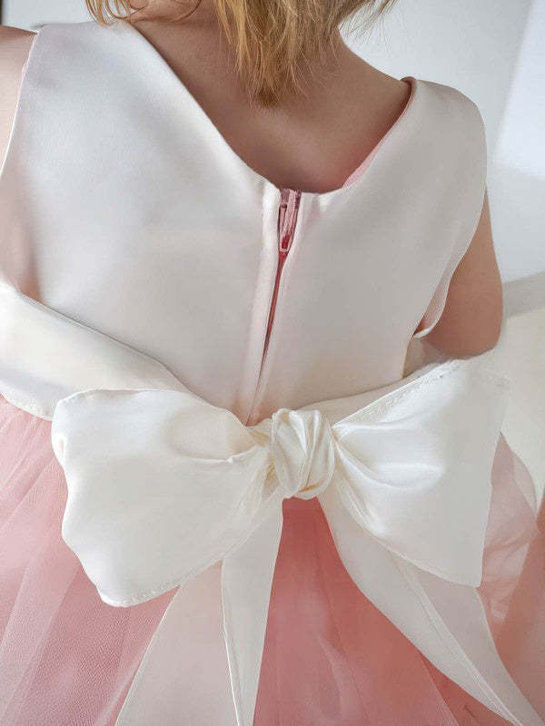 Cheap Tea-length Flower Girl Dresses with Bow - A-line Scoop Neck Tulle