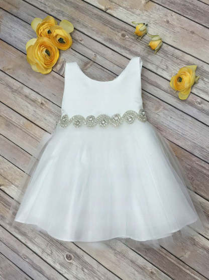 Inexpensive A-line Scoop Neck Tulle Beading Tea-length Flower Girl Dress