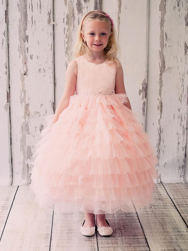 Princess Scoop Neck Tulle Beading Ankle-length Flower Girl Dresses