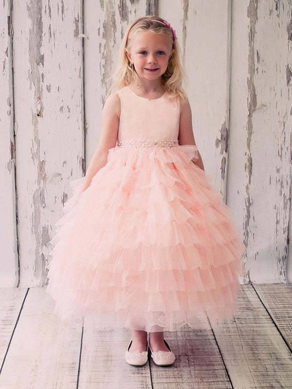 Princess Scoop Neck Tulle Beading Ankle-length Flower Girl Dresses