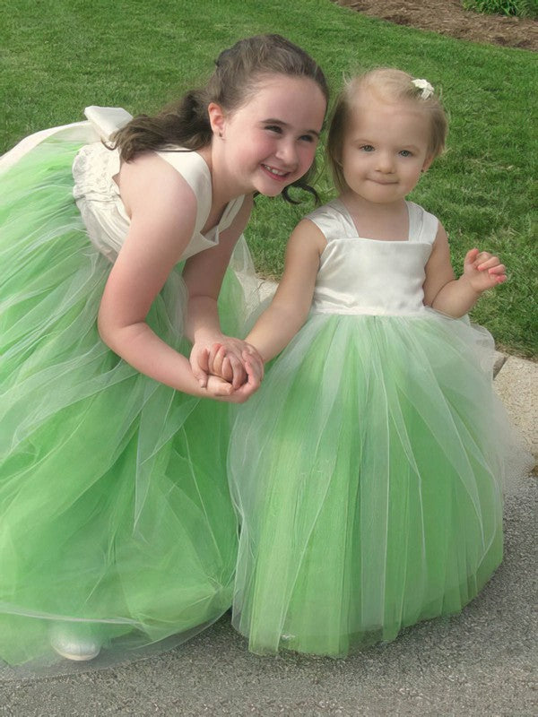 A-Line Square Neckline Tulle Flower Girl Dress with Bow