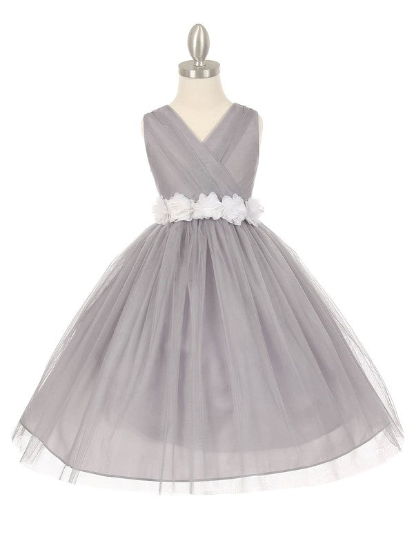 V-neck Tulle Floor-length Ball Gown Simple Flower Girl Dresses with Sashes / Ribbons
