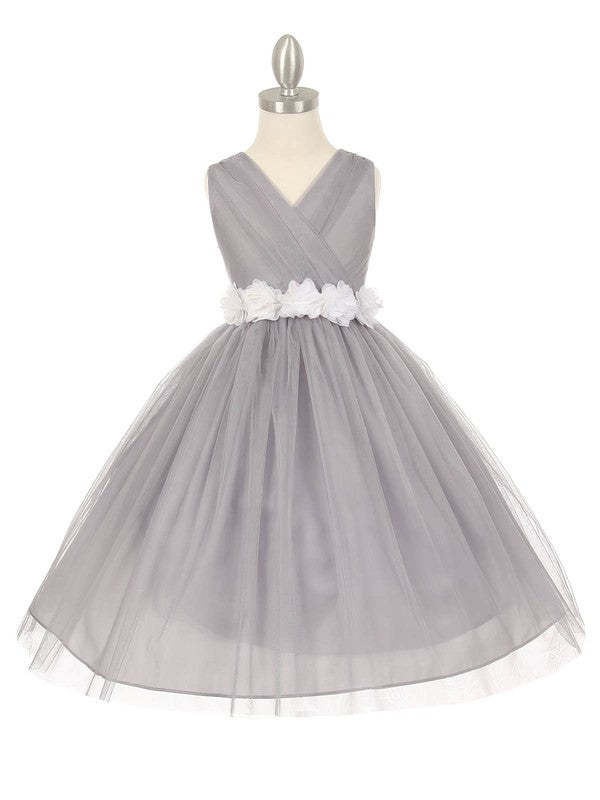 V-neck Tulle Floor-length Ball Gown Simple Flower Girl Dresses with Sashes / Ribbons