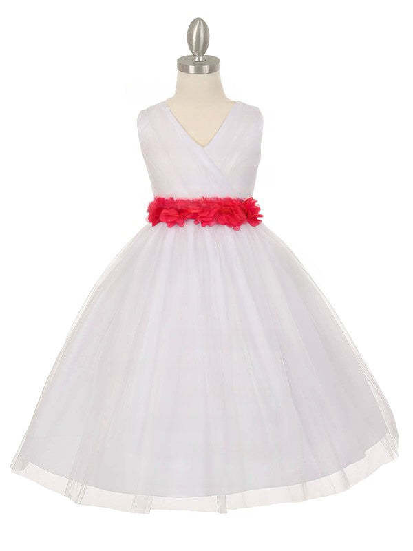 V-neck Tulle Floor-length Ball Gown Simple Flower Girl Dresses with Sashes / Ribbons